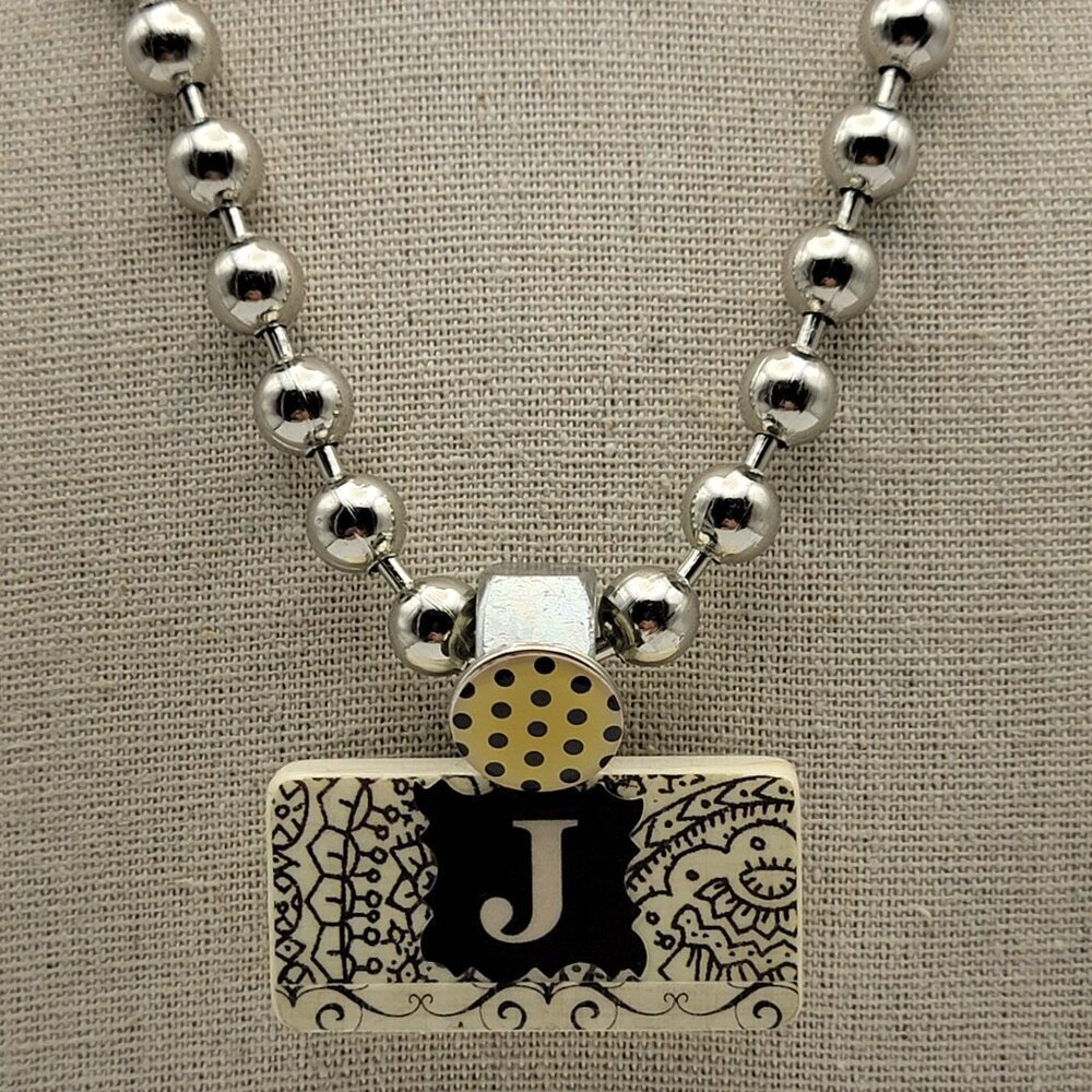 Vtg. Initial Letter J Domino Tile Pendant Ball Bead Chain Necklace 18" Steampunk